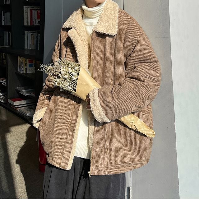 【予約販売】ボアブルゾン アウター ハイネック もこもこ グレー キャメル ムートン ストライプ 冬 ジャケット ショート丈 メンズ カジュアル 男前 こなれ感 お洒落 韓国 トレンド 秋 冬 M/L/XL/2XL