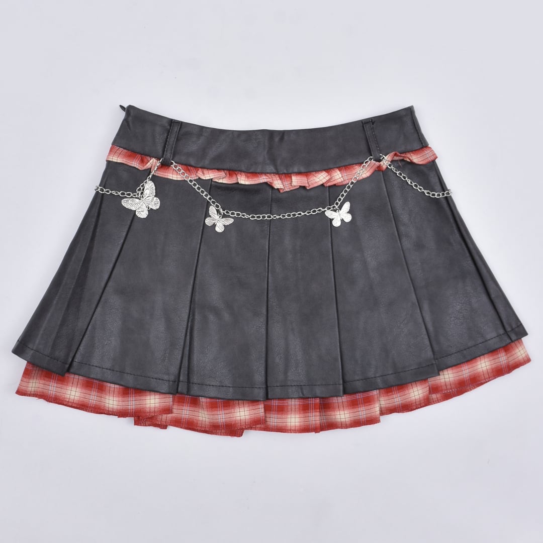 2点セット】Butterflyチェーン付き レイヤード レザープリーツスカート