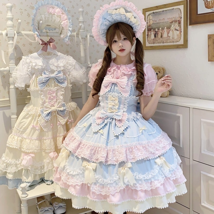夢かわいい 甘ロリ ジャンパースカート レース 編み上げ ピンク