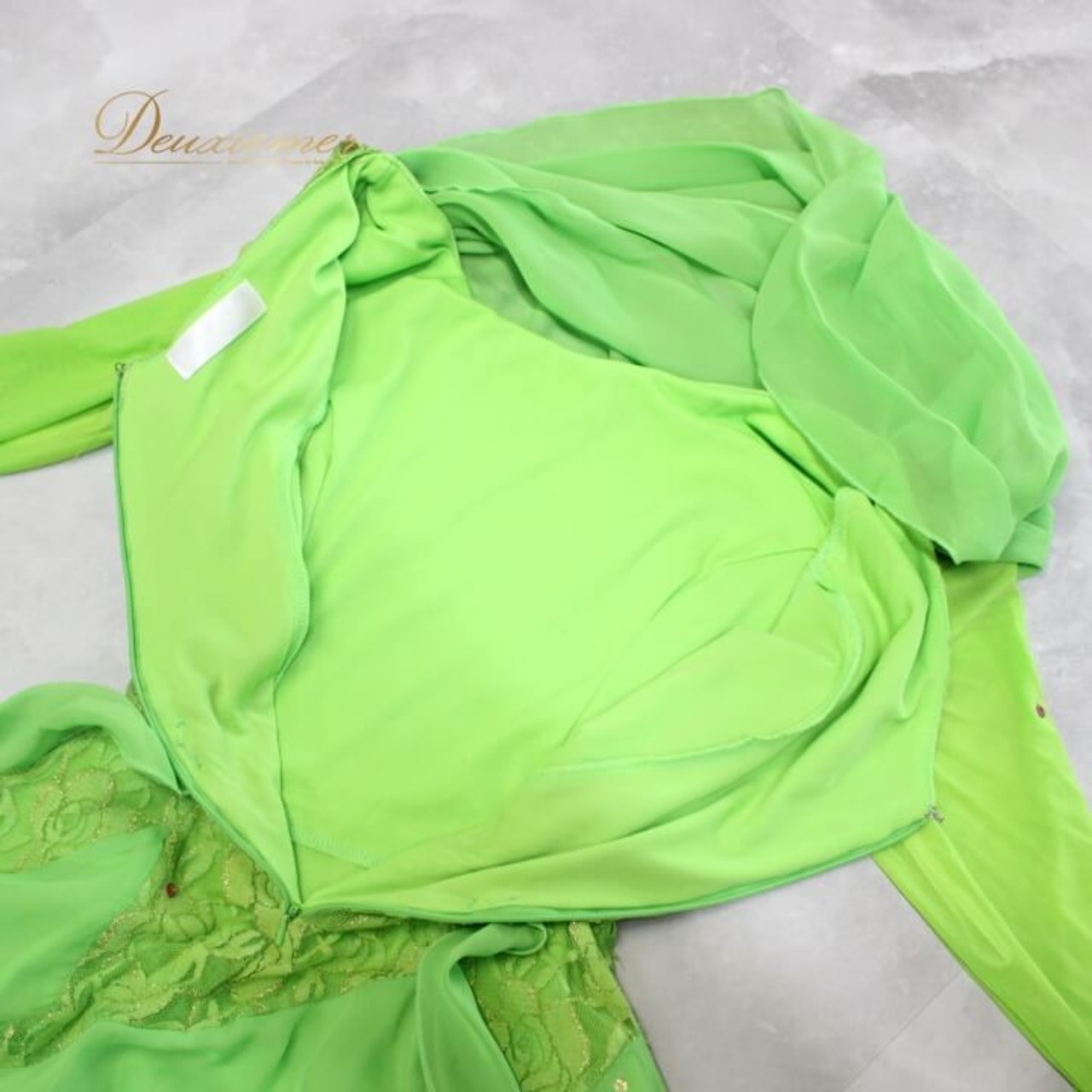 社交ダンス 衣装 スタンダード ドレス ワンピース レッスンウェア レディース オールシーズン prima boutique プリマブティック 黄緑 ライトグリーン系 フロート 花柄 レース ラインストーン フェミニン スポーツダンス おしゃれ