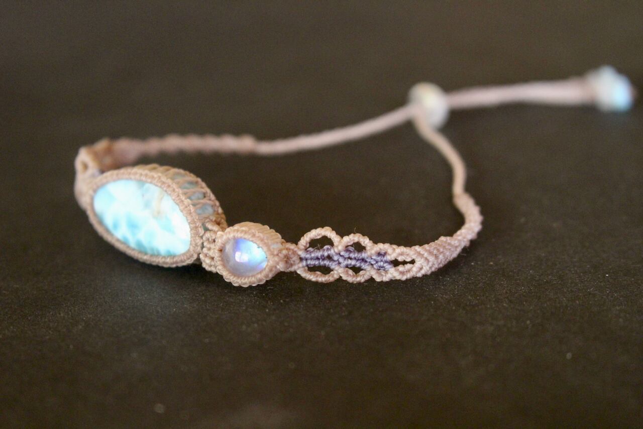 Larimar & Rainbow moonstone micro macrame bracelet
