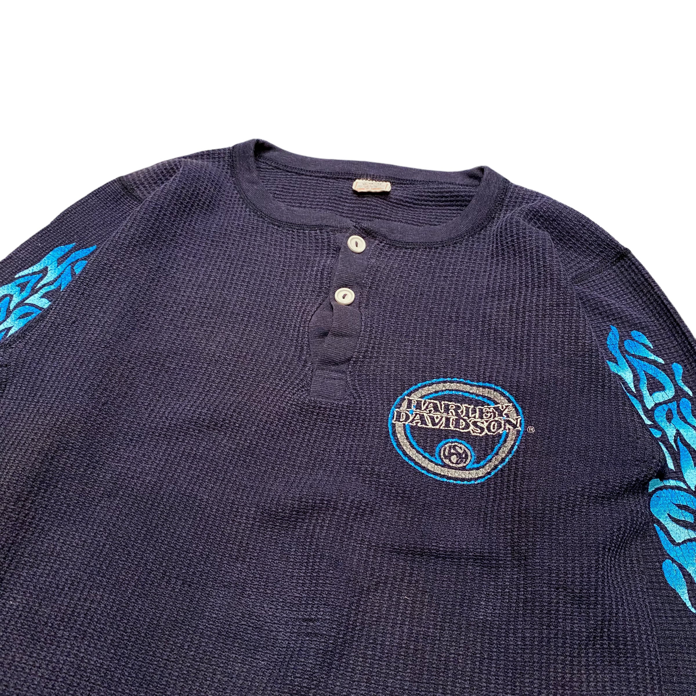 90's USA製 Harley Davidson Henry Neck Thermal Tee L / ハーレーダビッドソン サーマル  ヘンリーネック ワッフル ロンT プリント 袖プリ 古着 ヴィンテージ