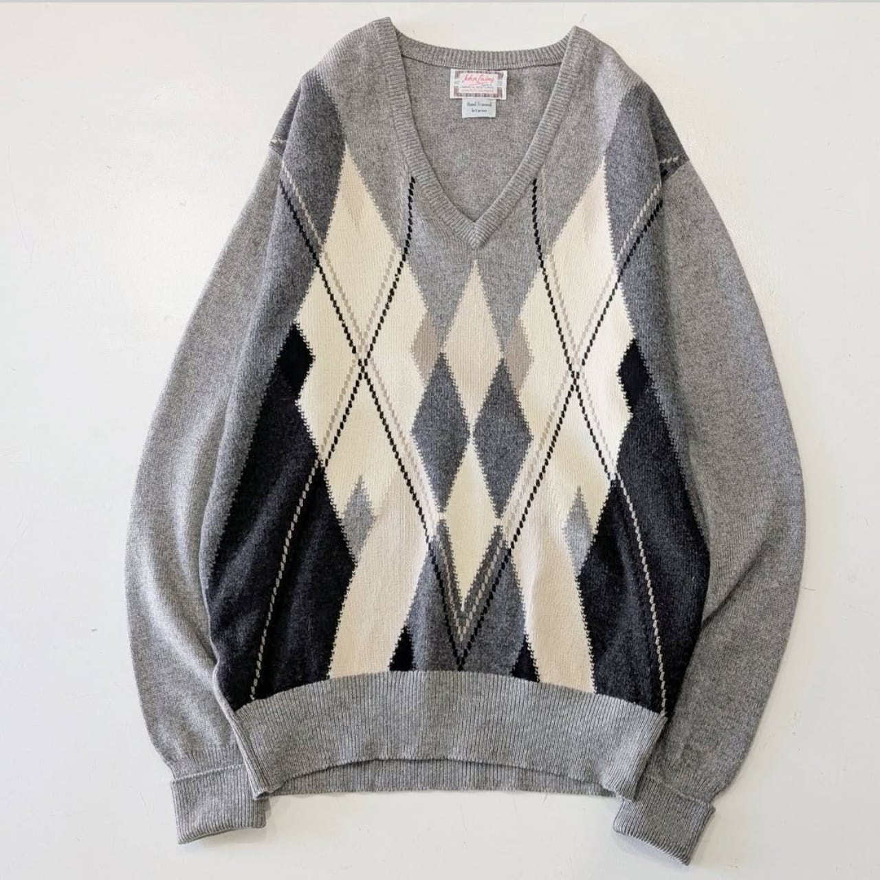 アーガイルニット カシミアニット 古着 カシミヤ Vネック グレー AM98