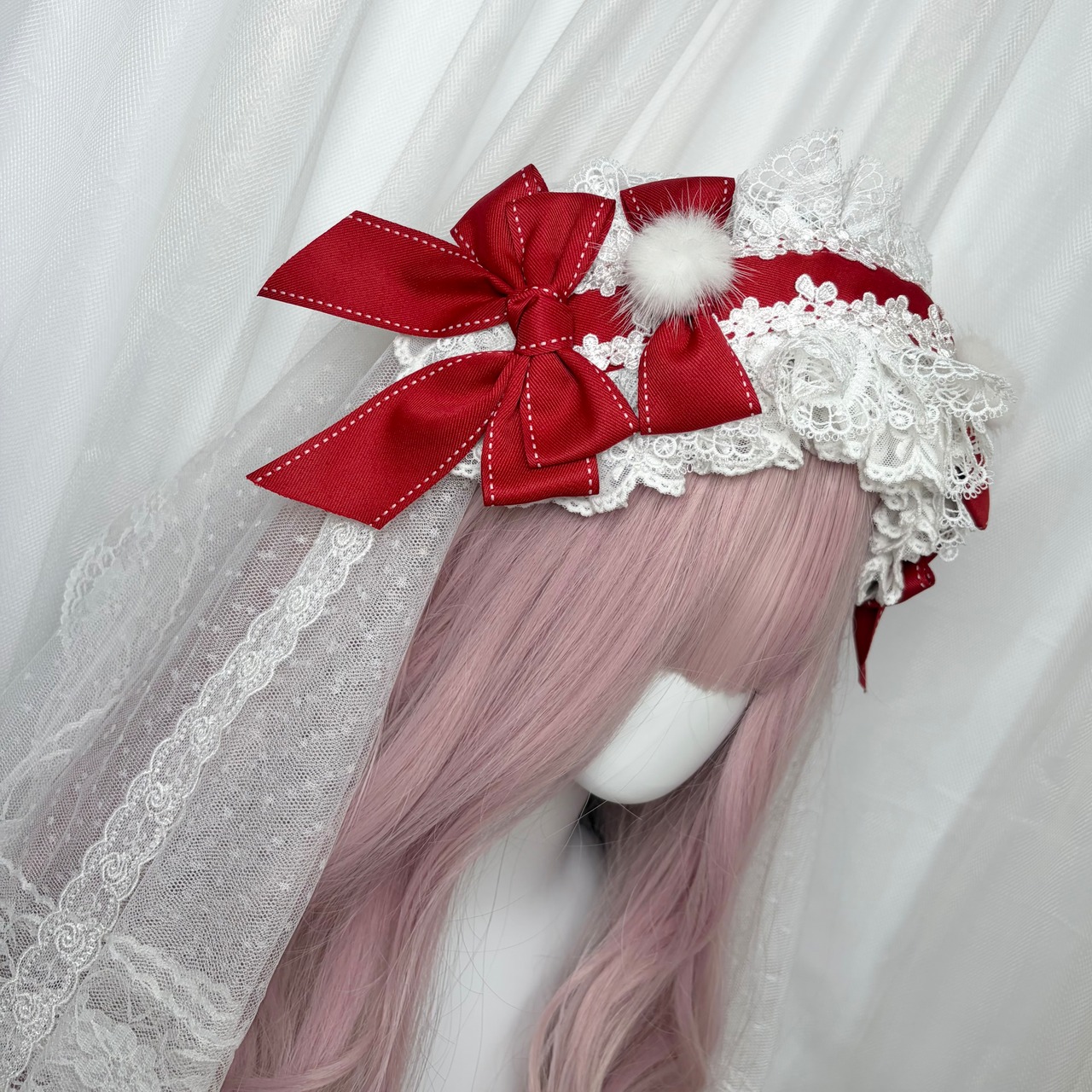 ♡【全5色】ヴェール別売り ぽんぽん付き ダブルリボン フリルレースヘッドドレス light blue×pink ♡