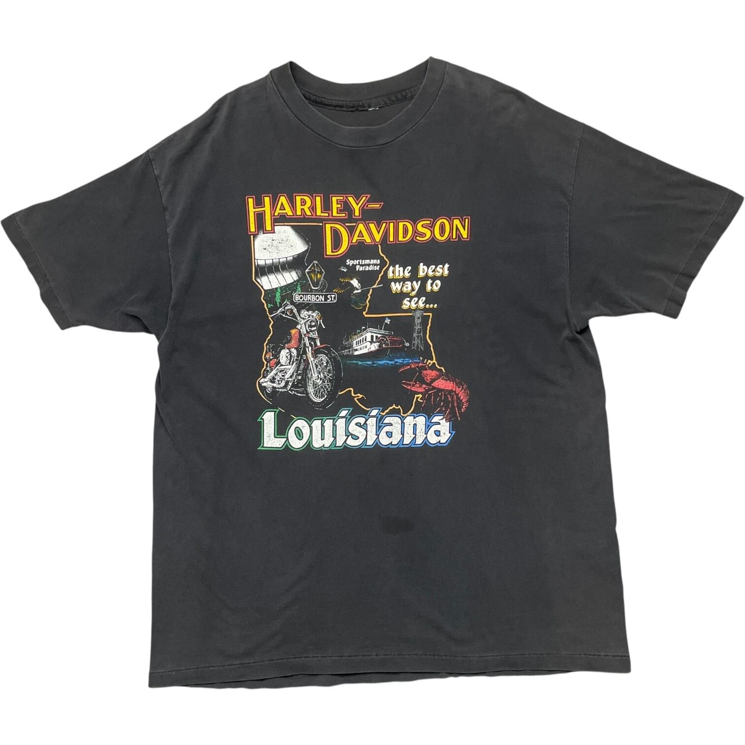 《XXL》 Harley-Davidson ハーレーダビッドソン Tシャツ ブラック プリントデザイン フェード シングルステッチ タグ欠品 ダメージ シミあり 90年代 vintage no.10121