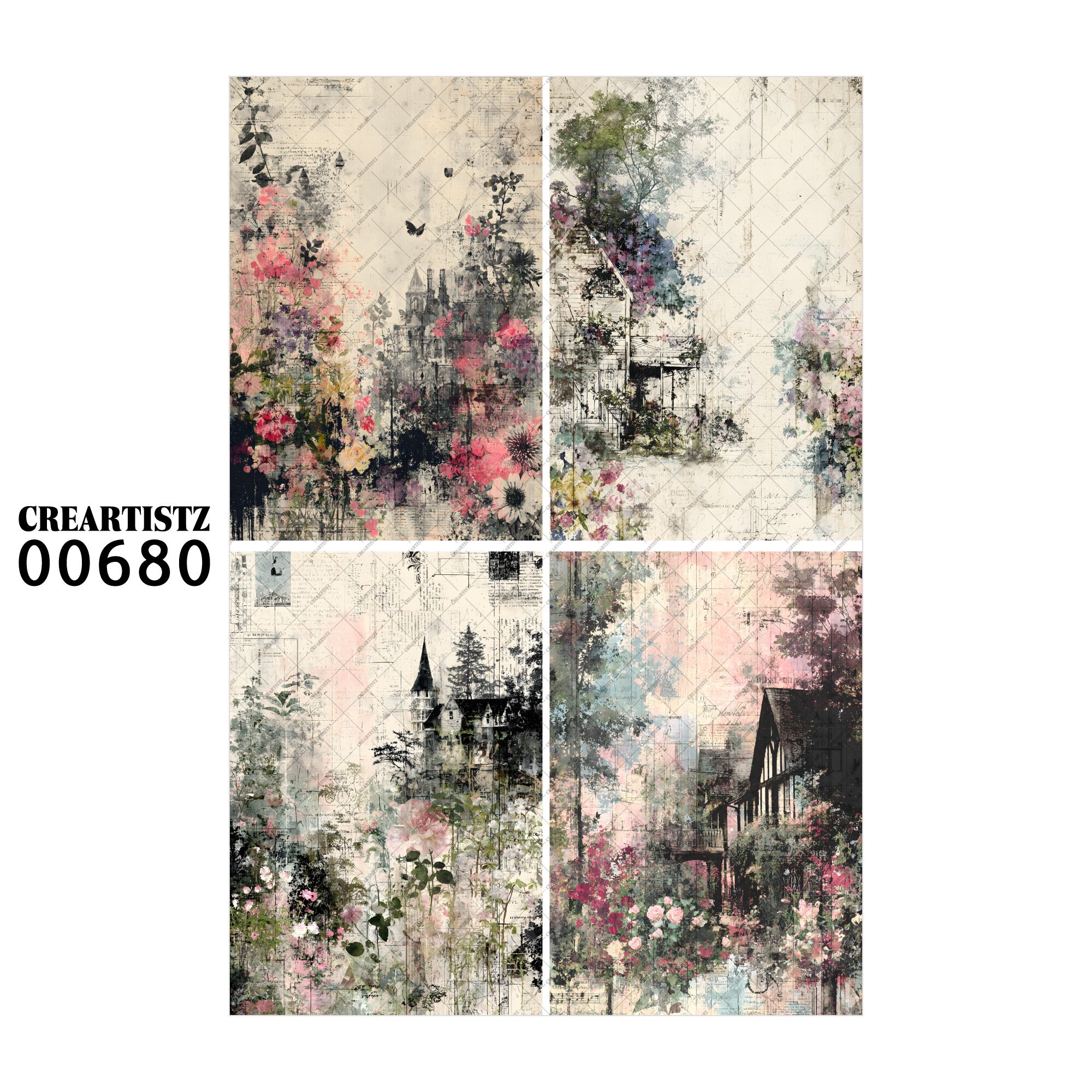 00680 背景 コラージュ素材 オリジナル 12枚セット (4種類×3枚) ペーパー/ステッカー CREARTISTZ