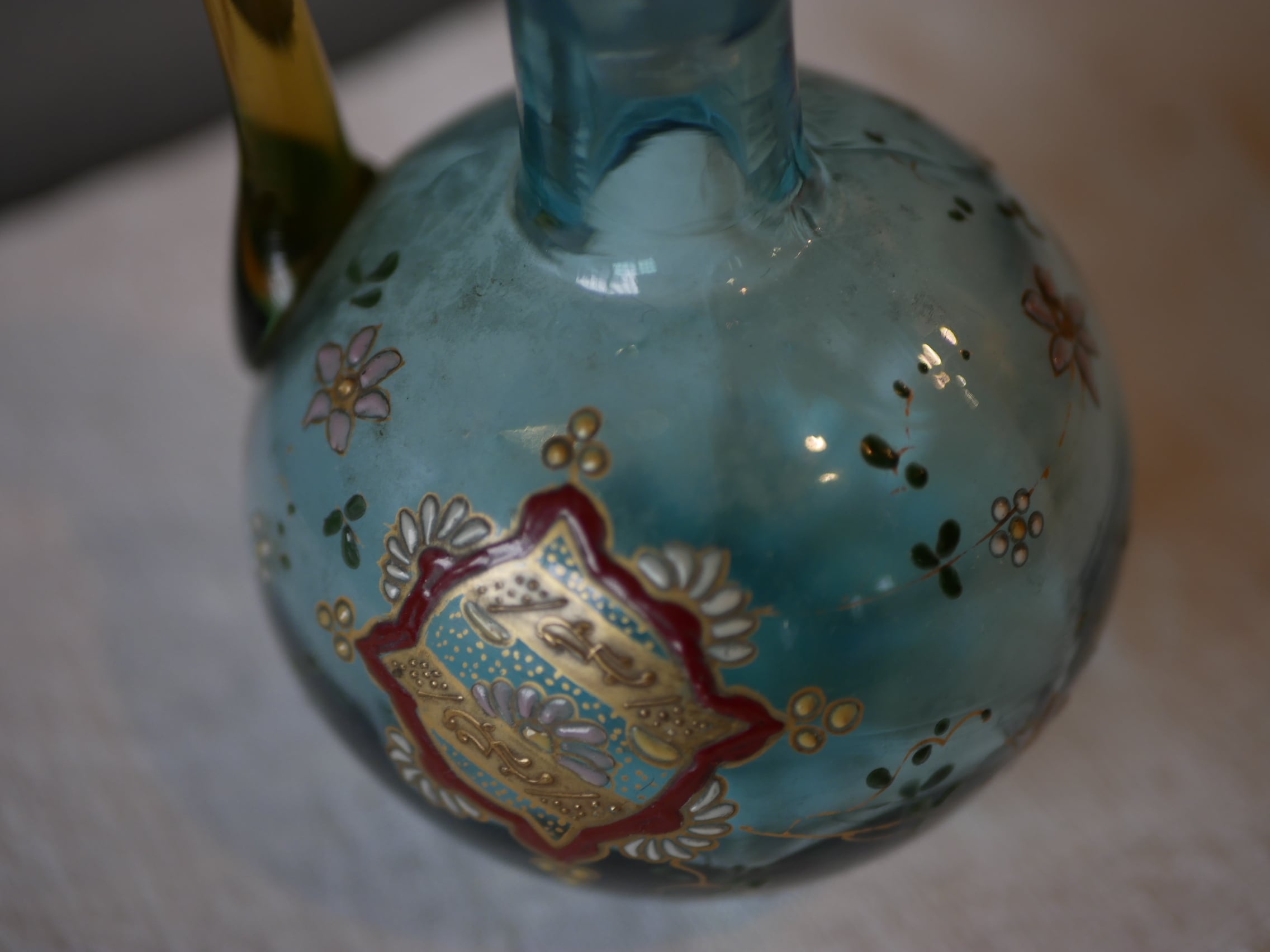 エナメル絵付けブルーのピシェカラフェフランスアンティーク 残り1点