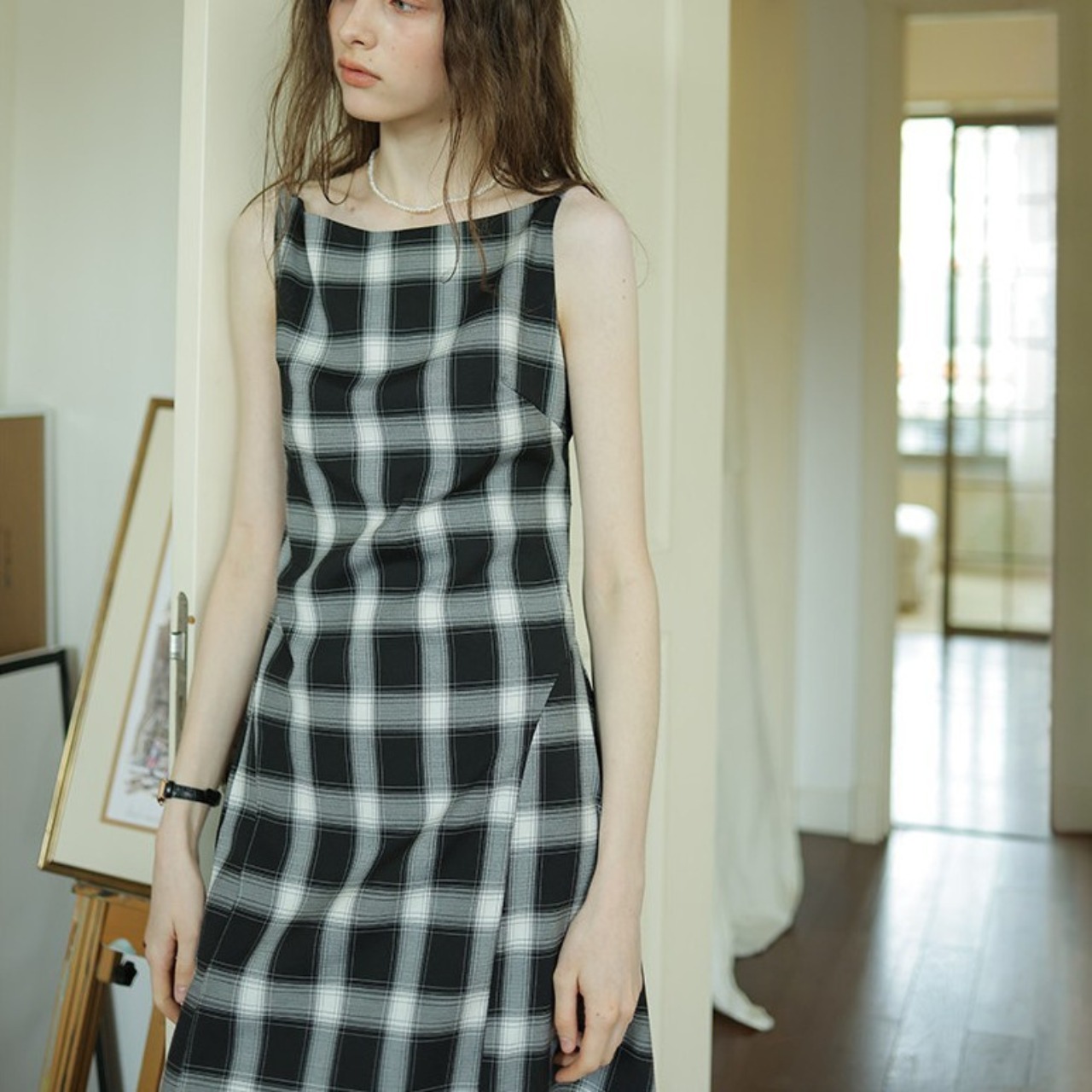 Bateau Check Sleeveless Dress F0673
