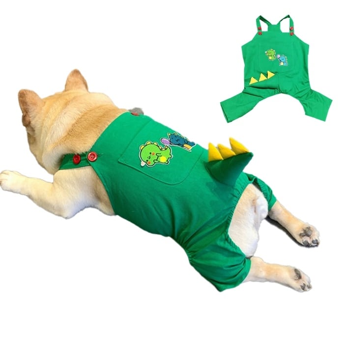 送料無料 Km399sフレンチブルドッグ 恐竜サロペット 犬 秋冬 服 ドッグウェア オーバーオール 立体おしっぼ おしゃれ かわいい 重ね着 散歩 部屋着 ペットウェア グリーン ペット服 犬服 洋服 カジュアル 中型犬 小型犬 大型犬 Dearkm フレンチブルドック孔明