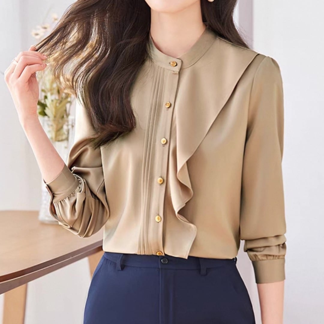Front drape snd pleated design long sleeve blouse 00241