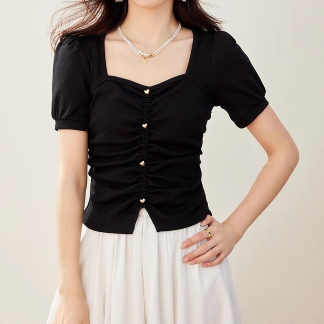 Square collar elegant puff sleeve slim knit