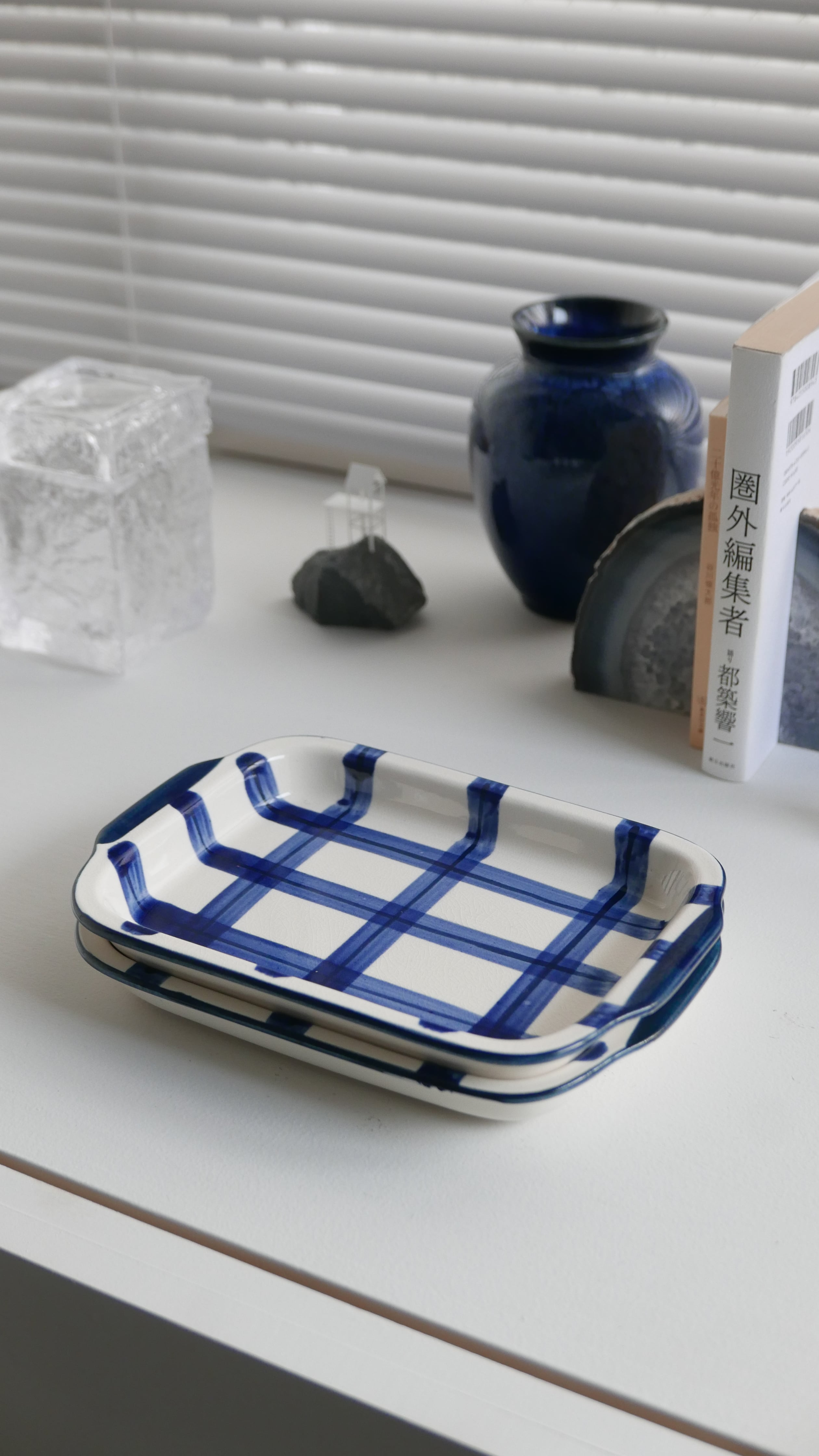 old japan stoneware , blue / check