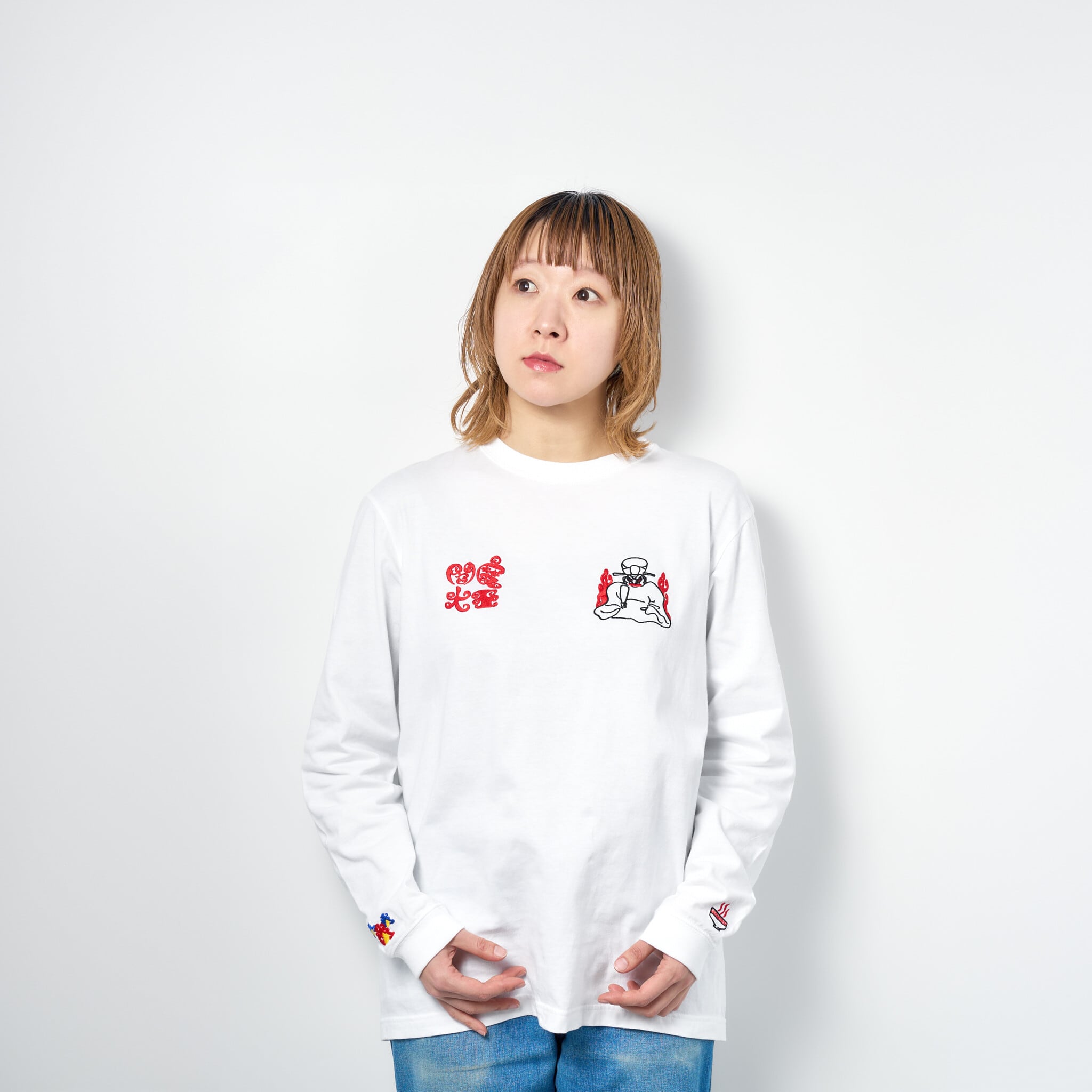 閻魔大王 仏像 ロングスリーブ Tシャツ (刺繍) 5.6oz ホワイト