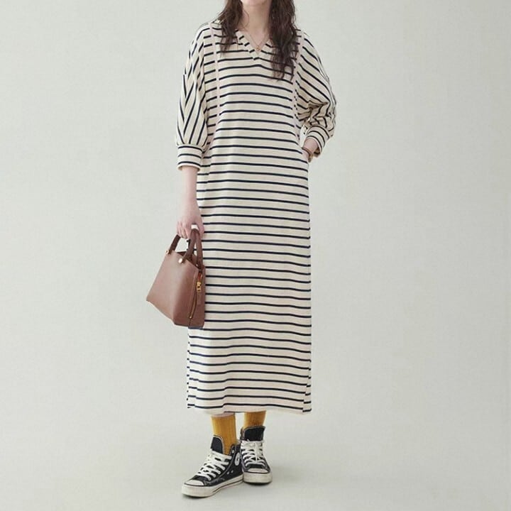 ボーダーシャツカラー マキシ丈 ワンピース L1096