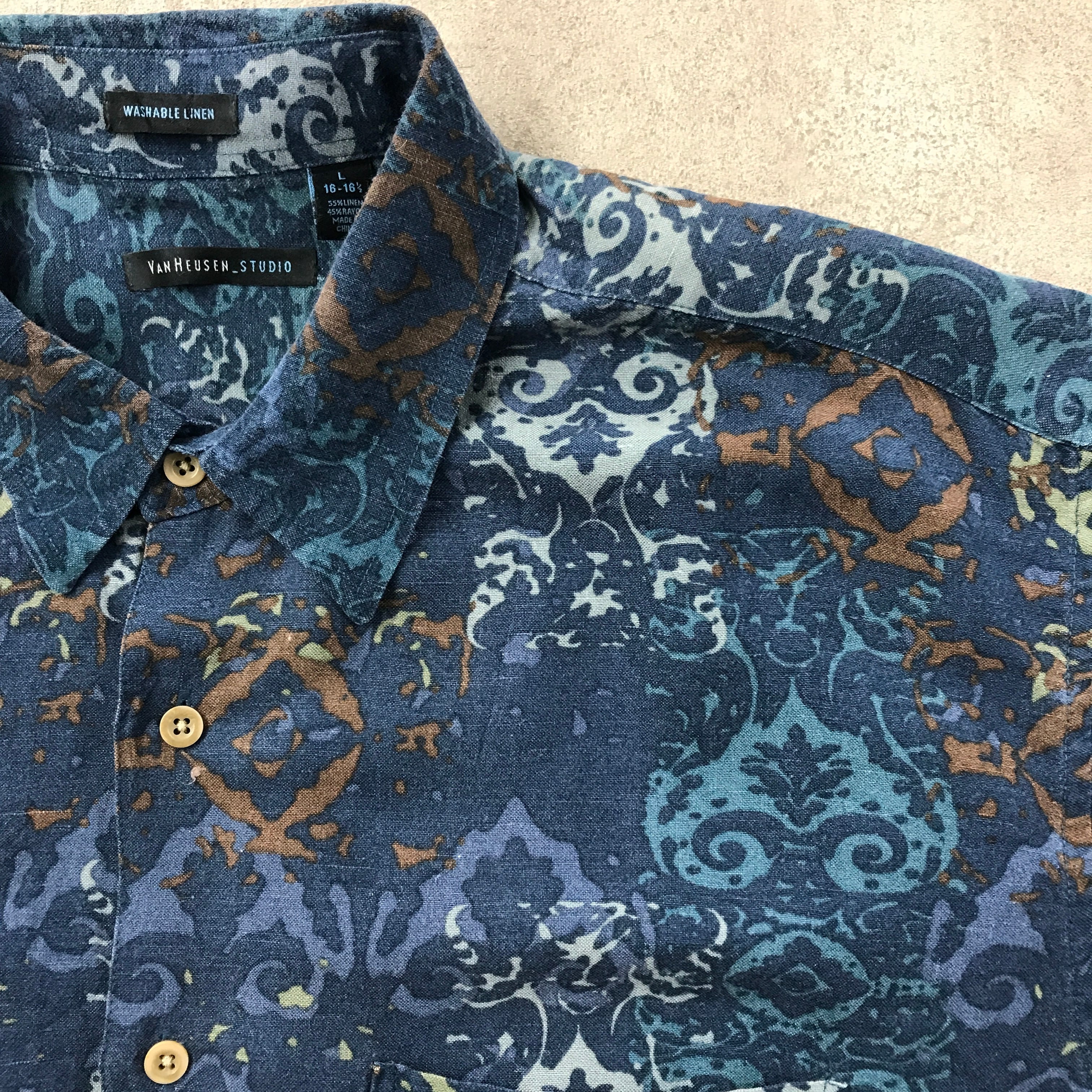 SALE]11/25迄 期間限定価格 L 00年代 VAN HEUSEN STUDIO 総柄 リネン ...