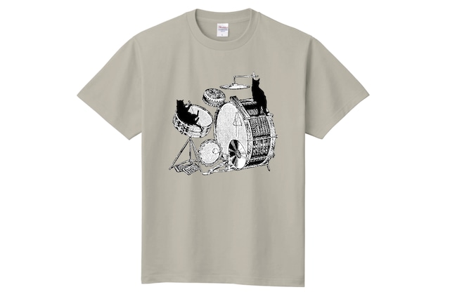 ドラムと黒猫のＴシャツ(シルバーグレー)