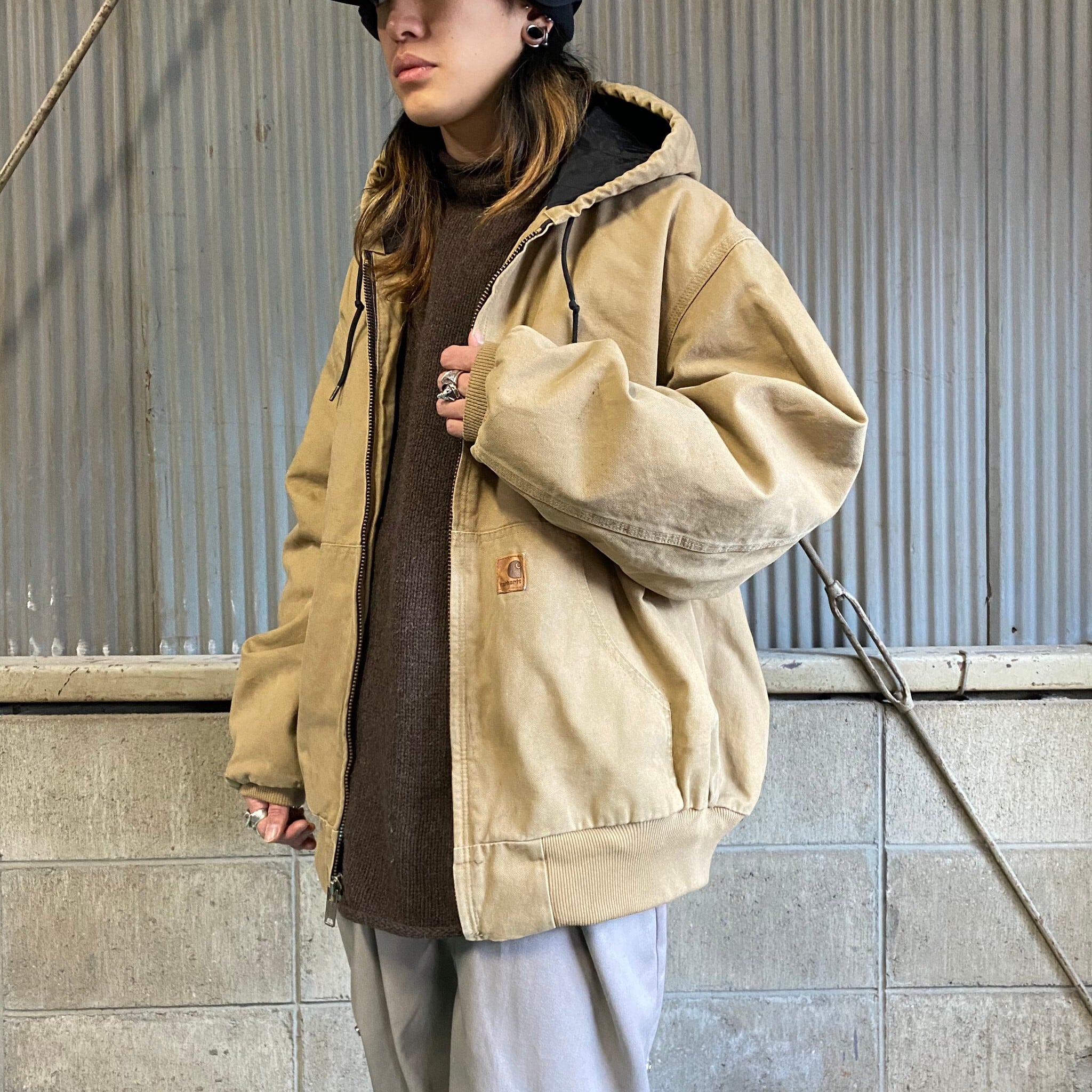 古着 Carhartt カーハート リメイクジャケット カーキ ダック地 開襟-