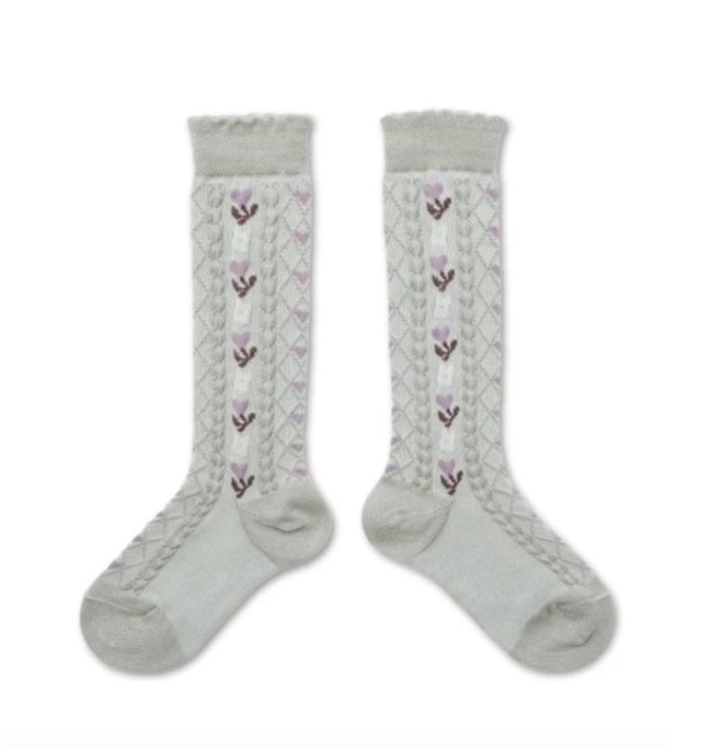 collegien Desiree Jacquard Hearts and Flowers Knee-high Socks Gris Perle