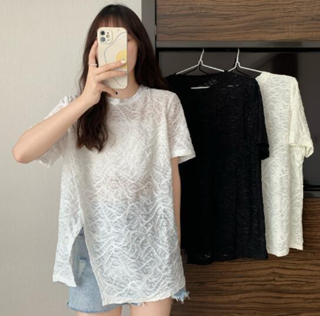 韓国風 chic トップス Tシャツ 夏新作 半袖 クルーネック シースルー レース 不規則