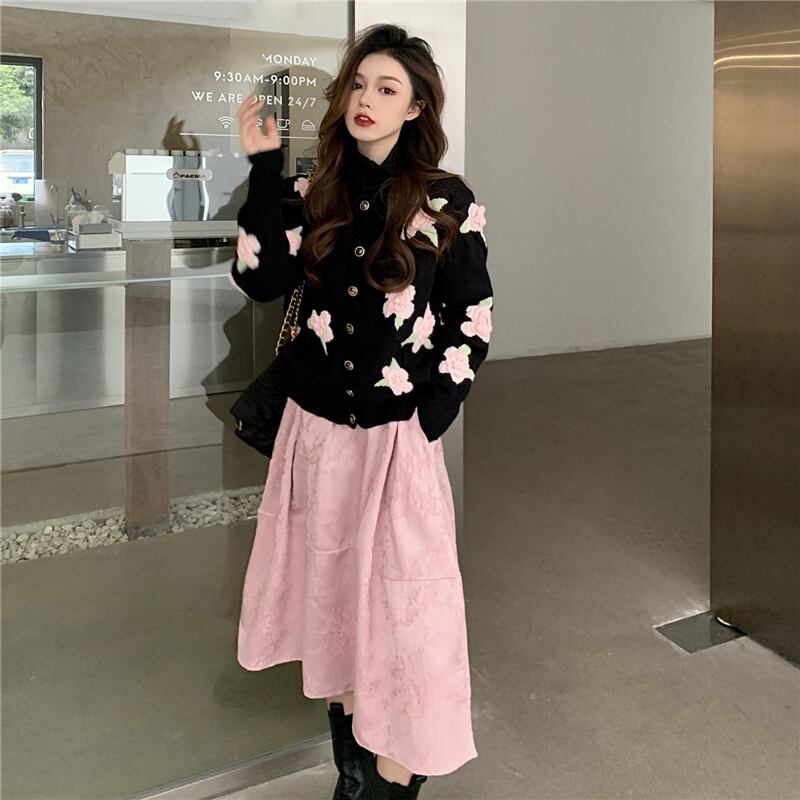 スタンダードジャカードニットセーター カーディガンジャケット レディーススプリングオータムスタイルルーズブラックトップス レトロ 春物 秋物 ブラックストロベリース9081485423