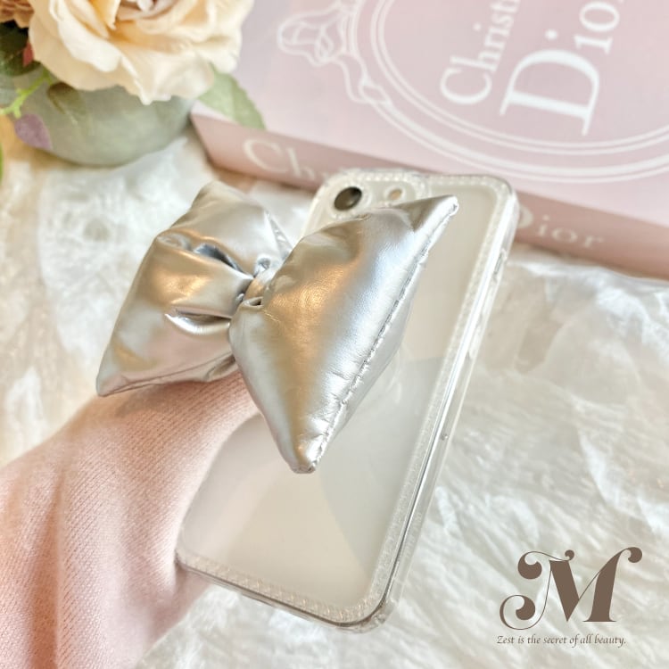 ガーリー♡ ボリュームリボンスマホグリップ《シルバー》 | Matey