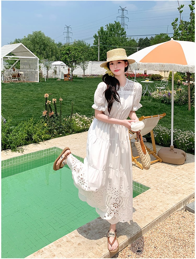 dress】カットワークパフスリーブワンピース M32410 | nanastyle