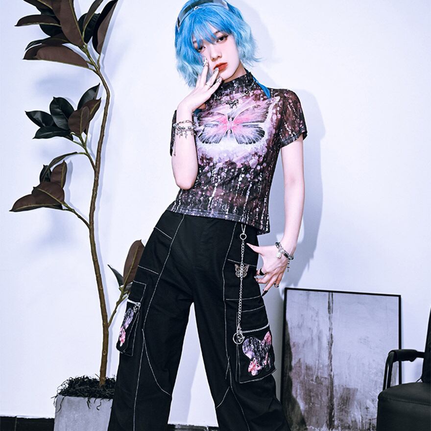 サブカル 服 地雷系 通販 チャイナ風服 古怪舎 Tシャツ プリント柄 メッシュ スリム 中華系ファッション