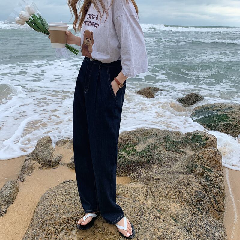 薄手ダークジーンズ ルーズパンツ ハイウェストレディース ビッグFスモールZ韓国86228378547