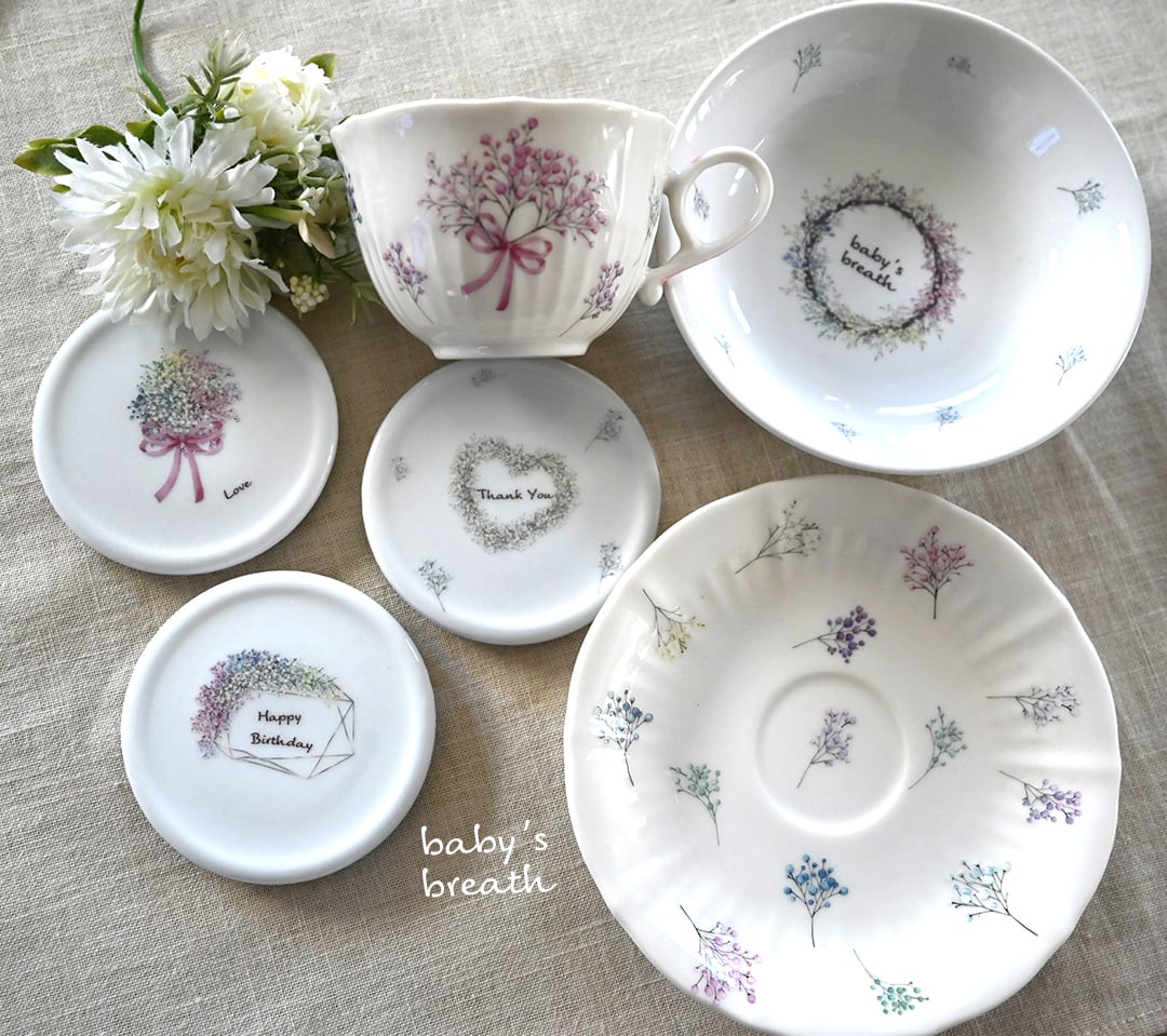 水彩Baby's breath かすみ草ブーケ A4サイズ （ポーセリンアート