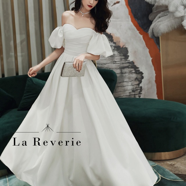 【8/22まで！】ウェディングドレス 前撮り2次会 パフスリーブ ウェディングドレス パフスリーブ オフショルダー チュール 二次会 前