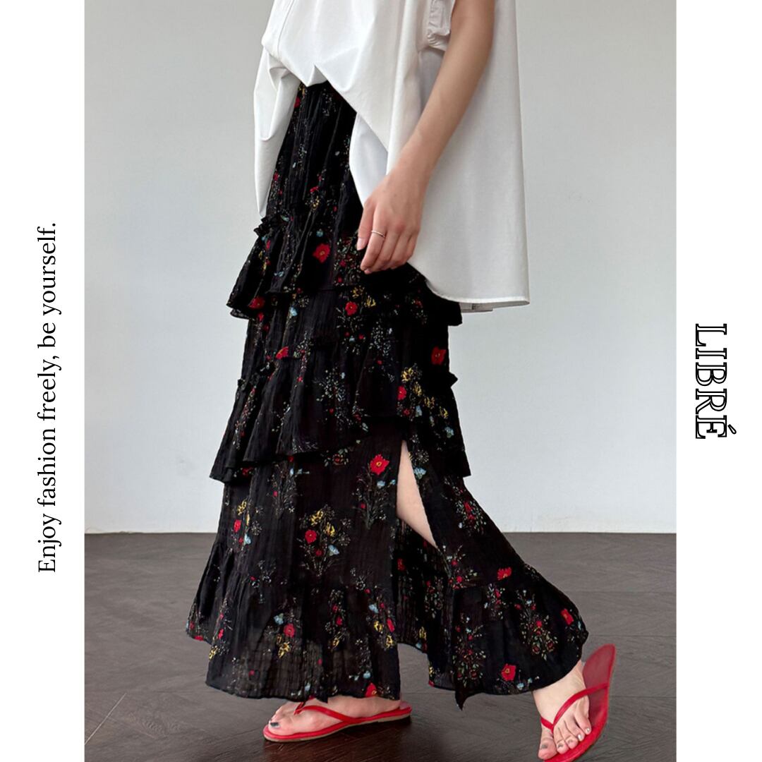 floral tiered long skirt with side slits L0565