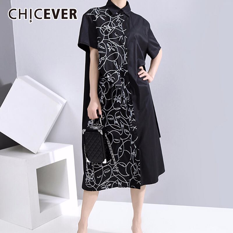 CHICEVERプリントヒットカラーレディースドレスラペルカラー半袖レースアップミディドレス2020夏服 ショート ハーフスリーブ サマー 夏物 6base591057665910