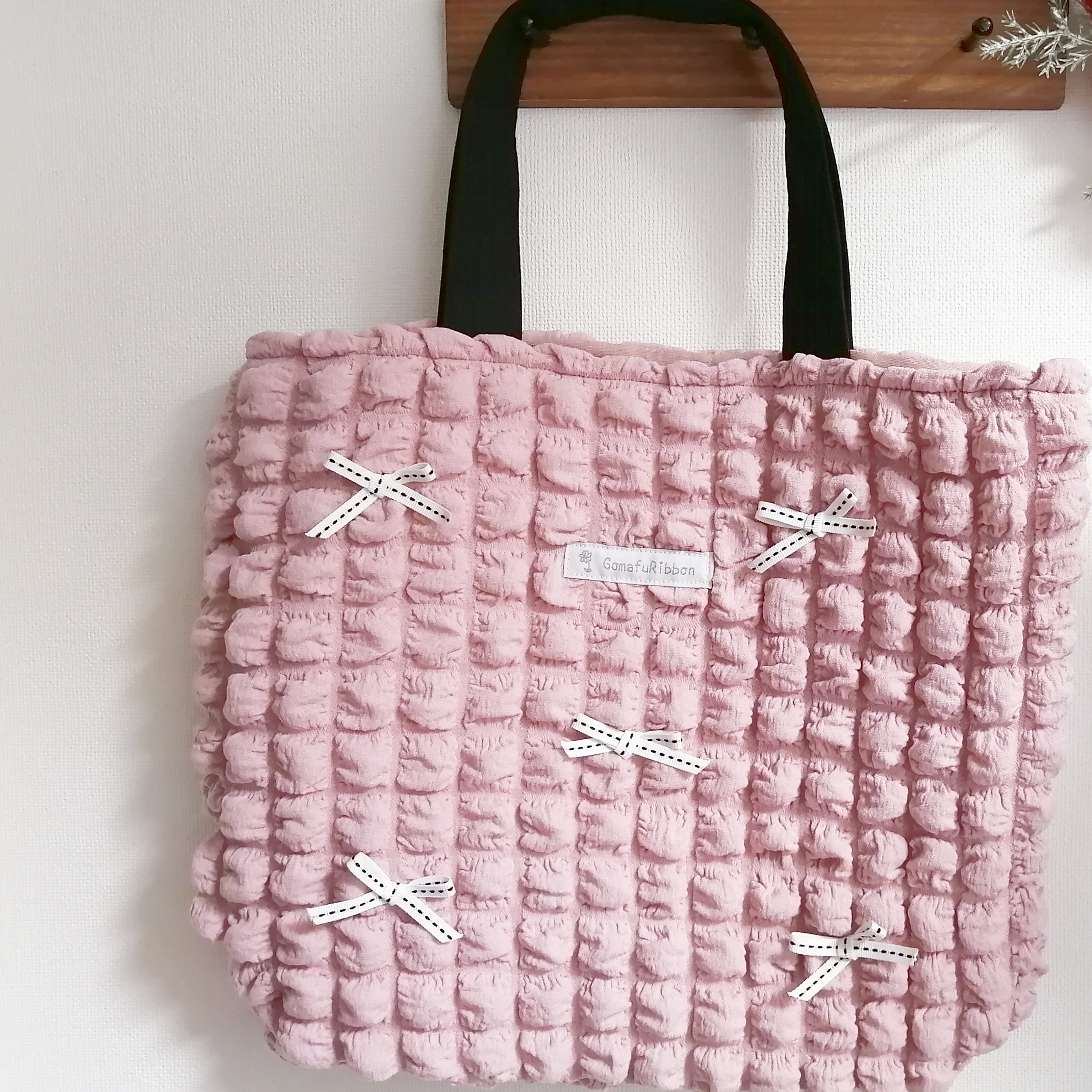 ポコポコリボントート ピンク 持ち手ブラック