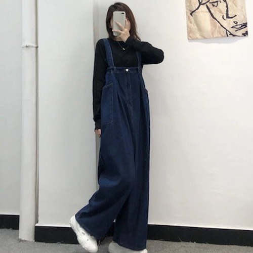 レトロダークブルー大きいサイズサスペンダージーンズレディース春夏太mmゆったり着痩せワンピースワイドレッグパンツトレンド