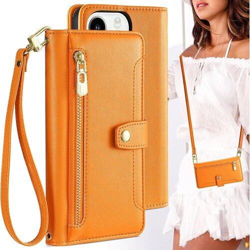 適用 iPhone 16 Pro ケース 手帳型 アイフォン 16 プロ ショルダー ポシェット iPhone16Pro スマホケース ストラップ 長+短 2本 アイホン 16 プロ 手帳ケース 携帯ケース カバー BonwFzin カード収納 バッグ マグネット スナップ 肩がけ 首掛け 斜め掛け ファスナー 耐衝撃 ストラップ付き スタンド カード カード入れ オレンジ 3381