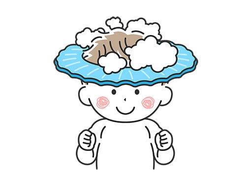 シャンプーハットをつけて、髪を洗う子どものイラスト（eps+pngデータ