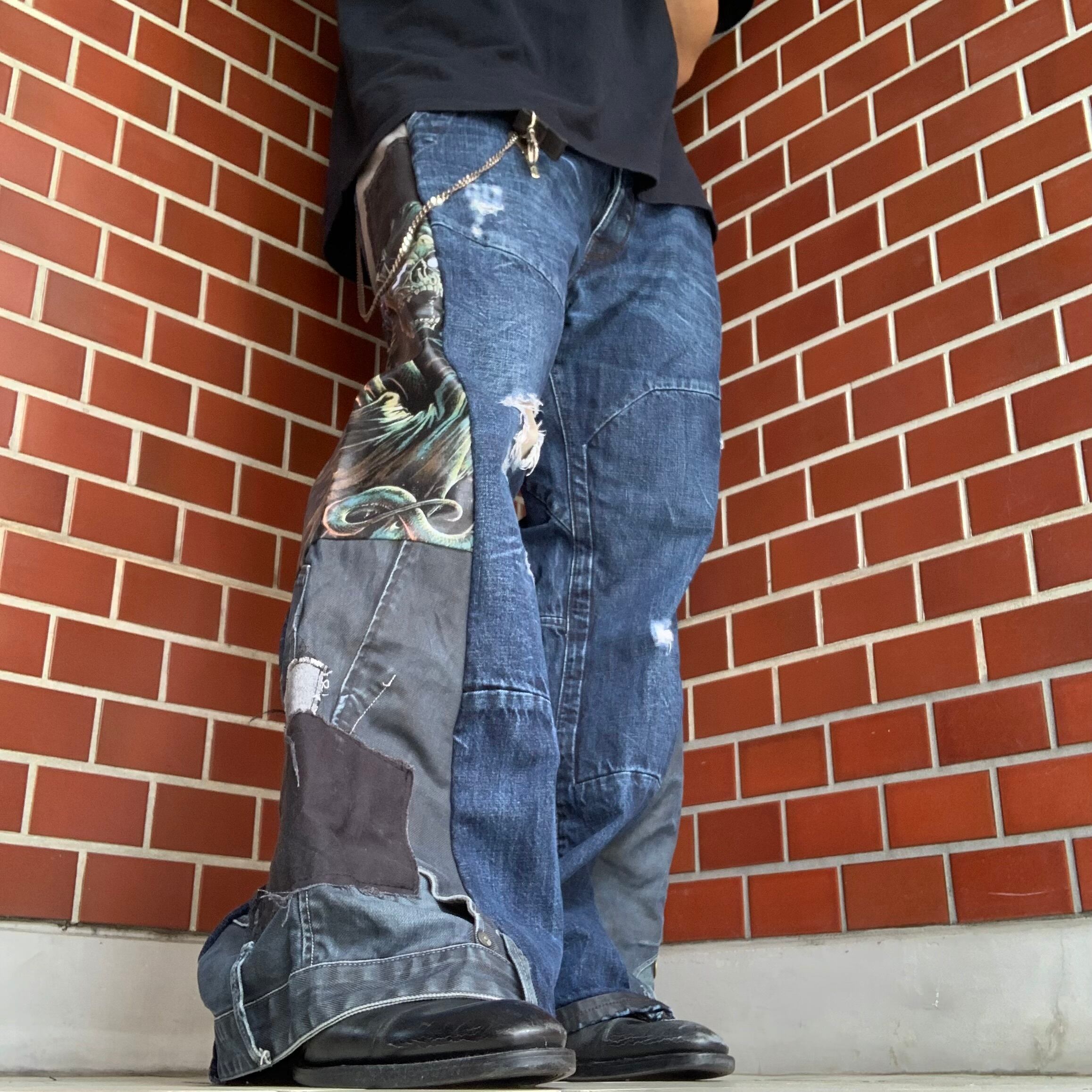 No.280【ブラック×グレー】再構築 リメイク ワイド デニム パンツ