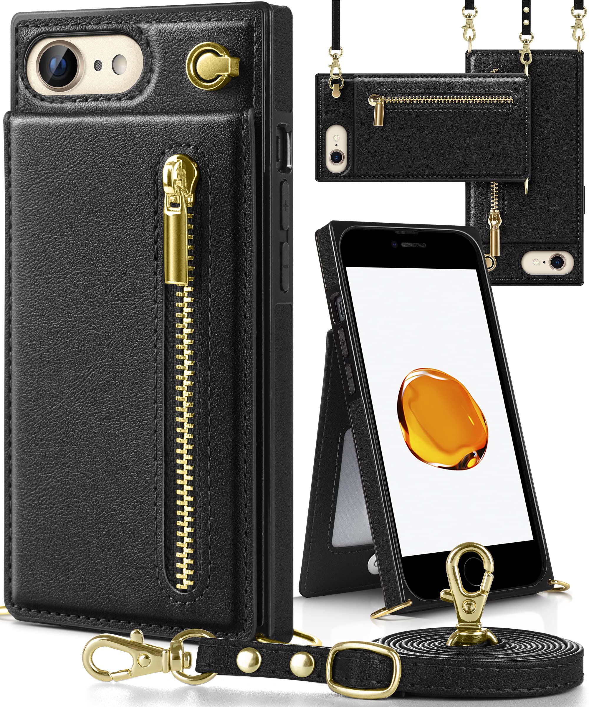 YIHARA iPhone 6/6S/7/8/SE第1世代 用 ケース 手帳型 ショルダー いPhone6/6S/7/8/SE カバー 背面カード収納 小銭入れ 財布型 アイフォン6/6S/7/8/SE 携帯ケース 肩掛け ストラップ付き 長さ調整可能 人気 スマホケース PUレザー スタンド機能 女性 ブラック