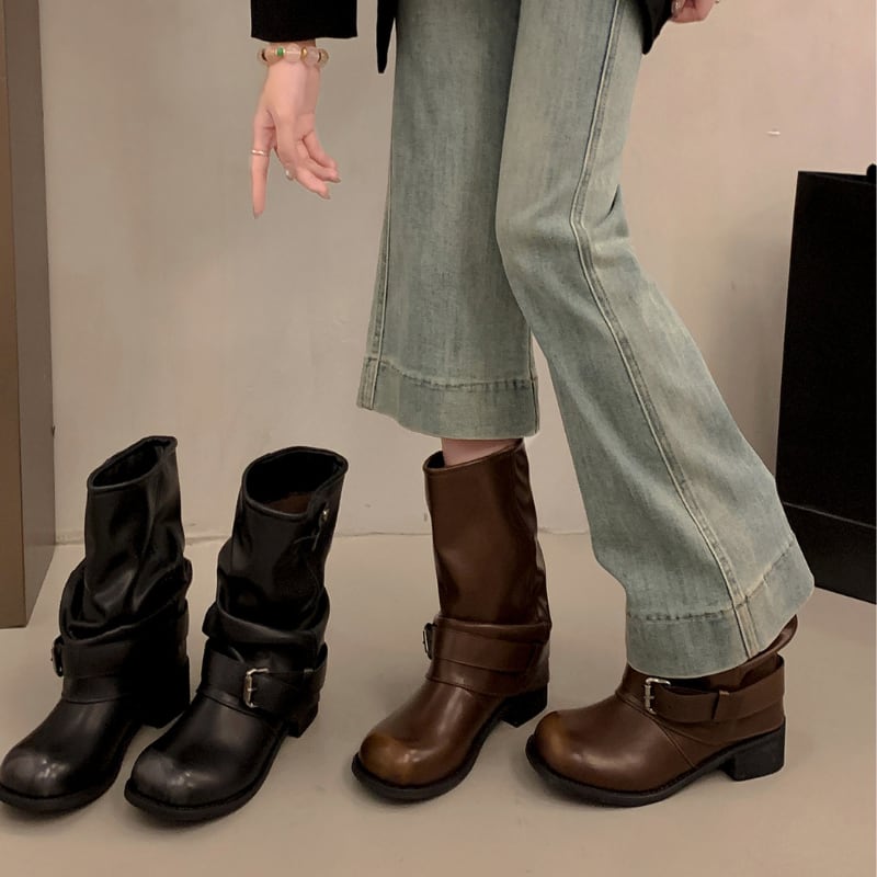 クシュクシュデザインレザーショートブーツ 2color SH0118