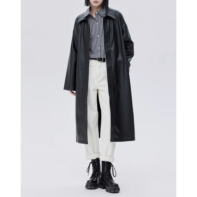 Structured faux-leather long coat C1405