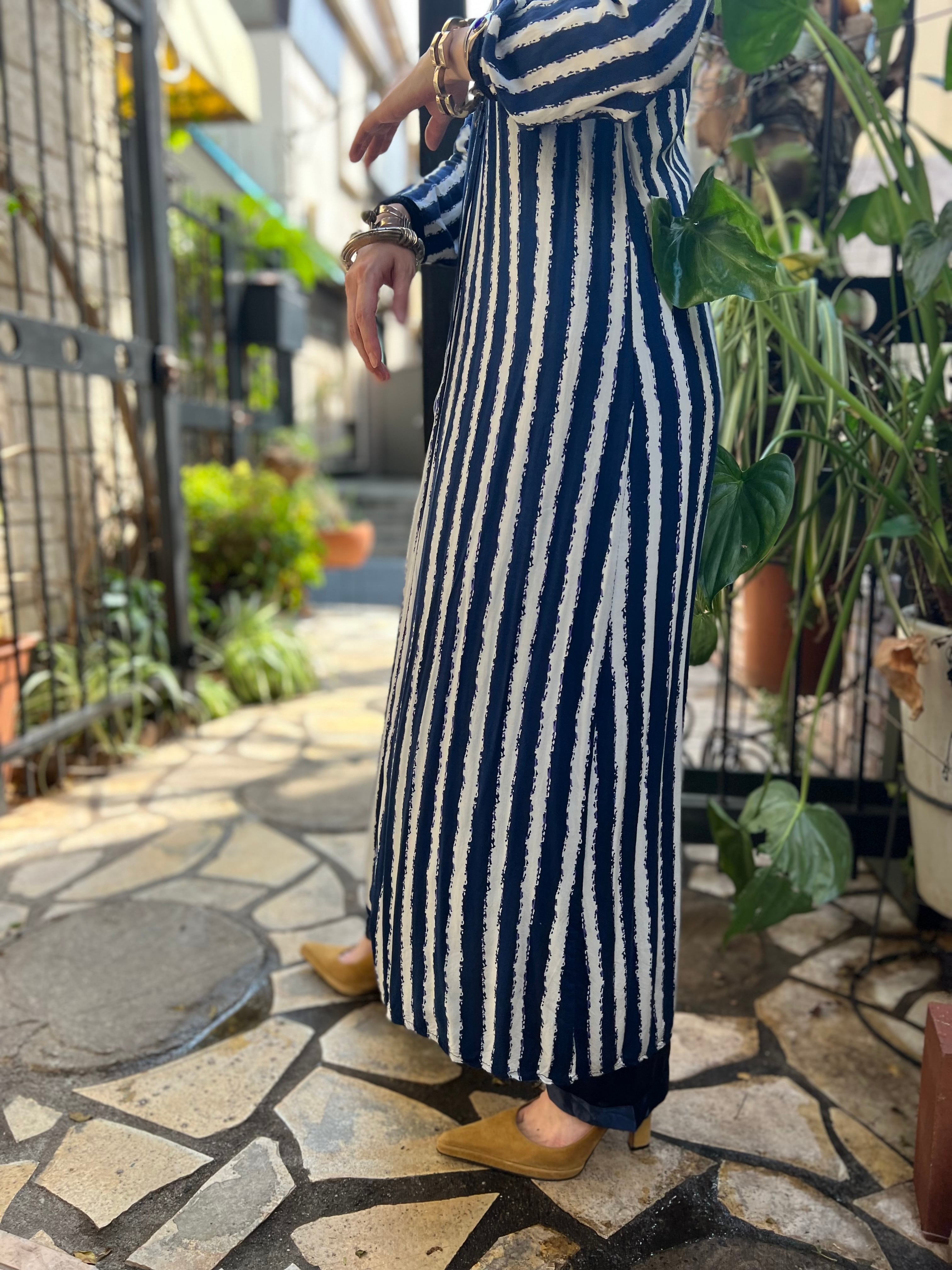 Vintage moroccan navy × white Stripe foodie dress ( ヴィンテージ