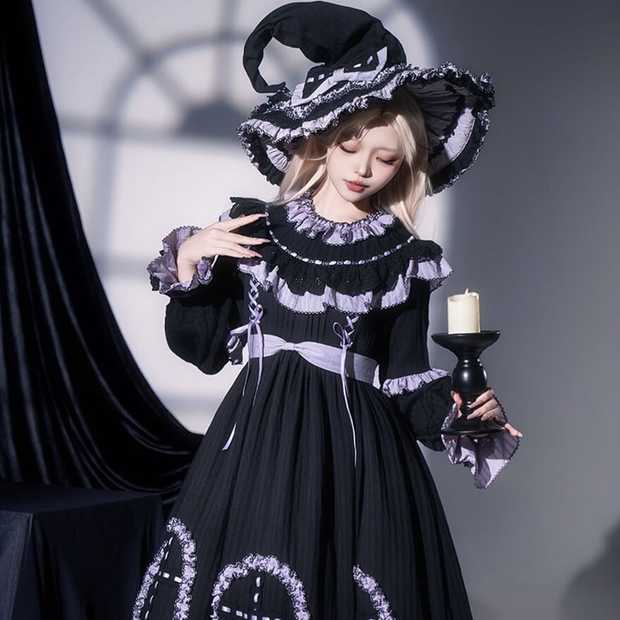 ゴシック 魔女 ワンピース ハット 2点セット 地雷系 ロリィタ 帽子 黒 アクセサリー 魔法使い