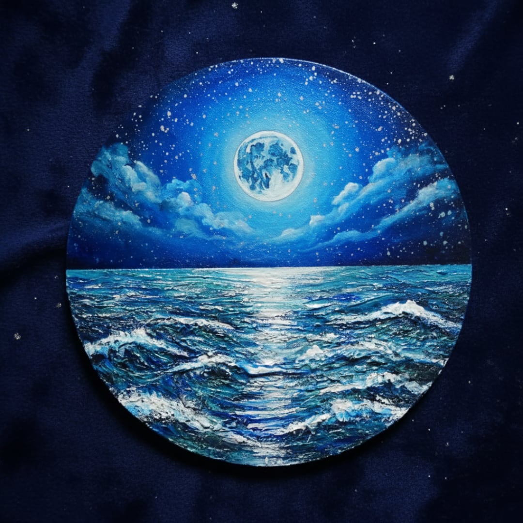 油絵】心を落ち着かせる海景画 丸形「青い満月と輝く海」油彩画