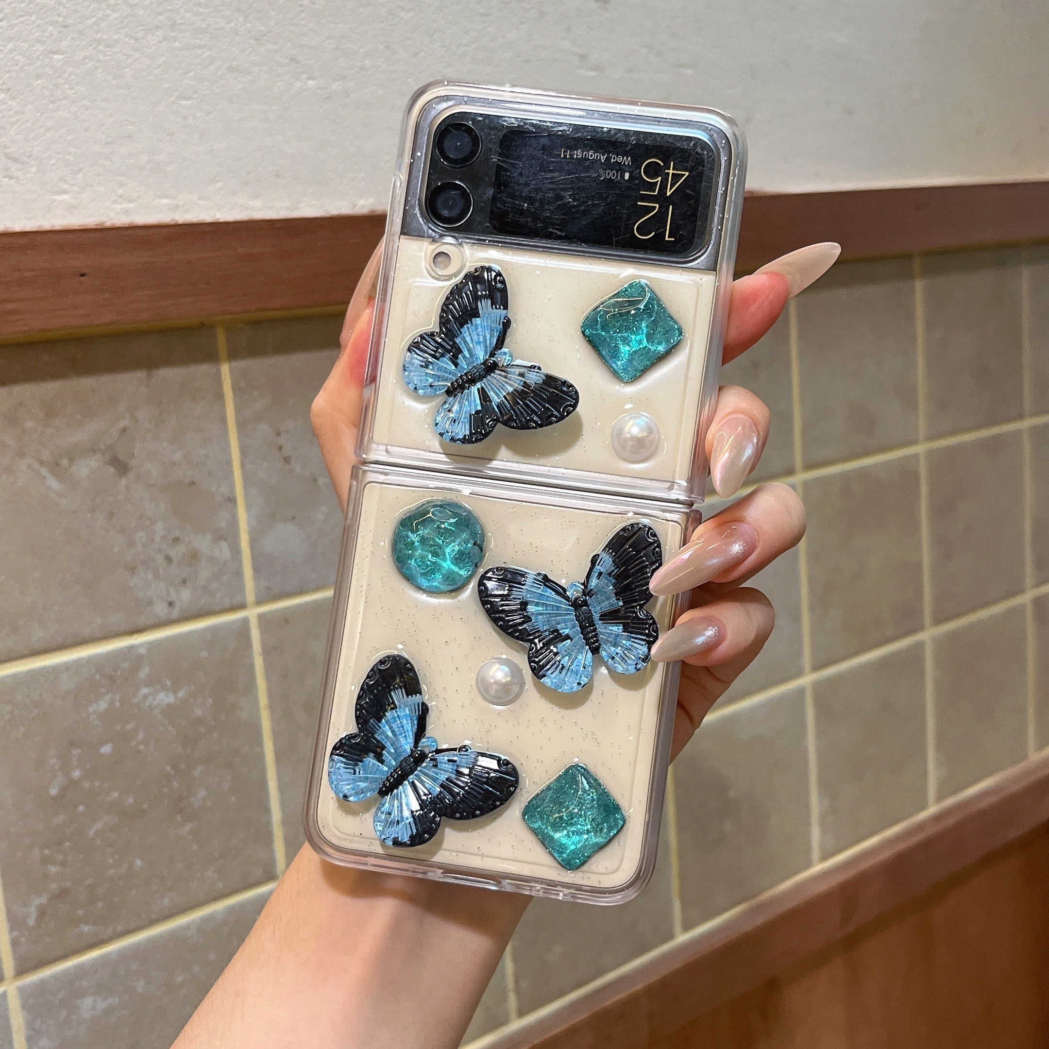 立体 ブルーバタフライ Galaxy Z Flip 8 7 6 5 4 ケース クリア