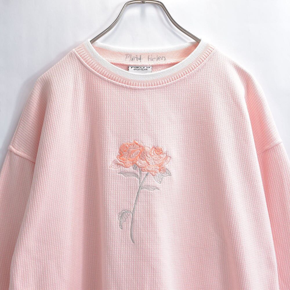 niko's SPORTSLINE フラワー刺繍 デザイン ワッフルライク スウェットシャツ リブ配色 トレーナー 花柄 ヴィンテージ ピンク ビンテージ 古着 メンズ Lサイズ