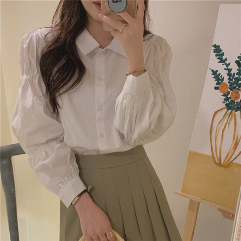 シャツスタイル薄手オータムスリーブホワイト ロング 大人ガーリー スウィート キュート カジュアル 秋物 1号婦人31443926767