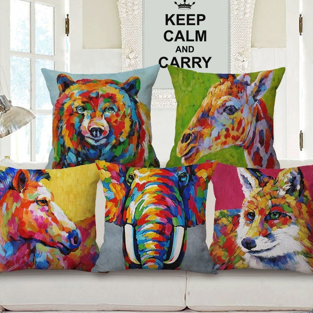 水彩動物キリンライオン馬クマのクッションカバー 13 スタイルリネン枕カバー 45 × 45 センチ寝室ソファ装飾