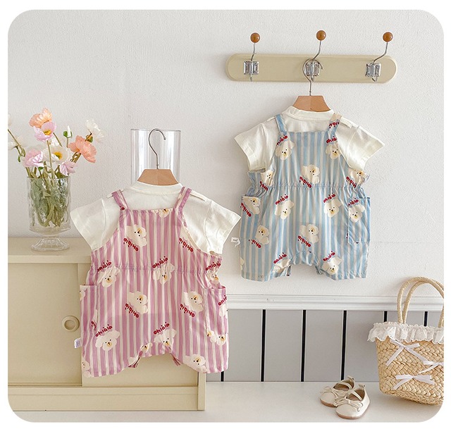 【セット】いぬプリントストライプサロペットロンパース半袖Tシャツセット - 11