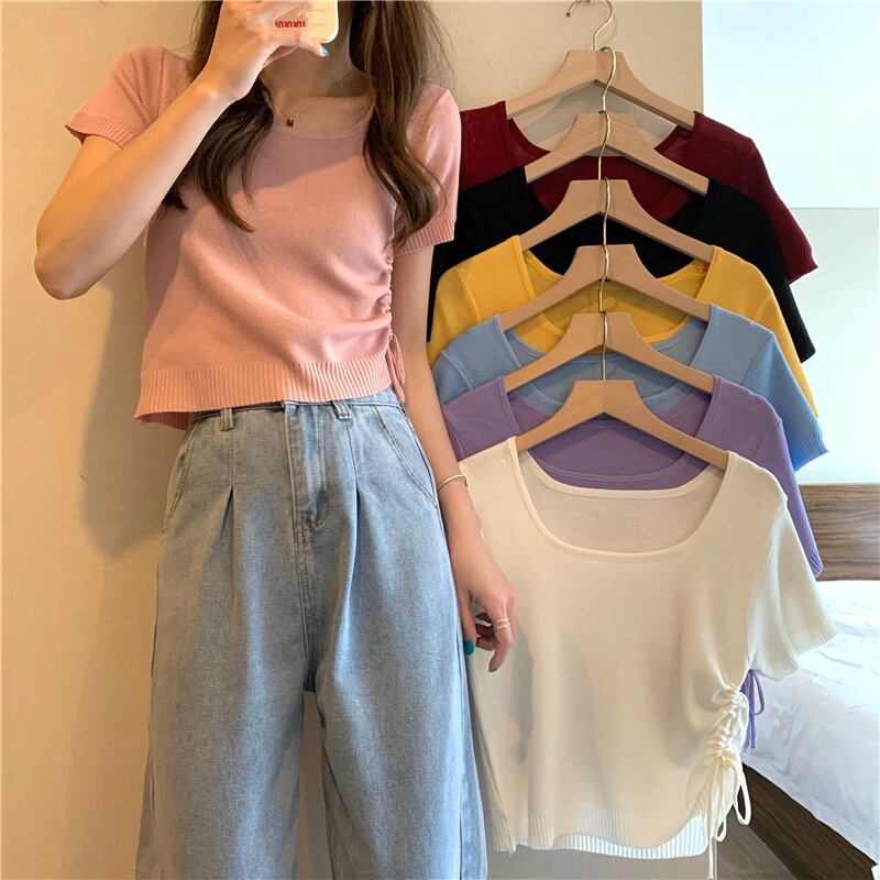 カラープルオーバー サイドギャザーニットTシャツ サマートップス 夏物 スクウェア YY-ファッション48117015985