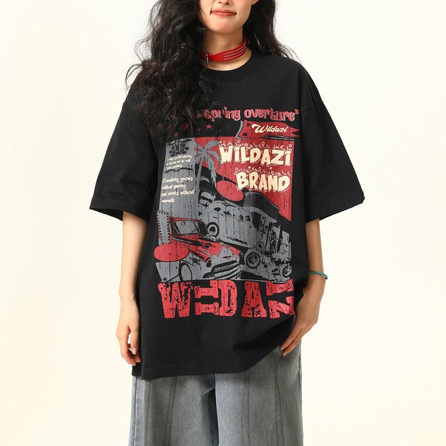 アメリカンレトロカーグラフィックプリントTシャツ 2col   R00324